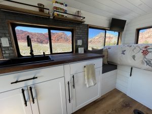 Custom skoolie conversion kitchen